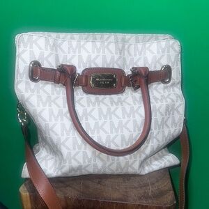 Michael Kors Cream/Brown Coated Canvas and Leather East West Hamilton Totes